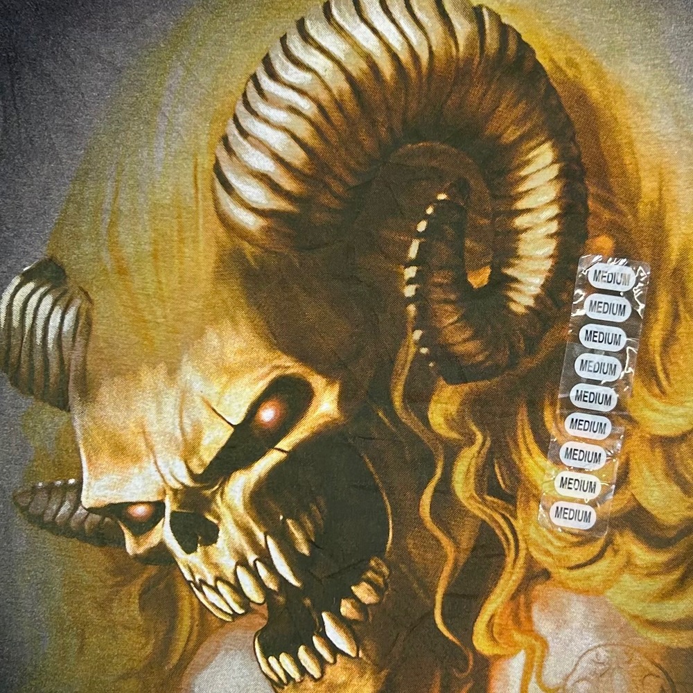 Emperor Eternity Mens Black Graphic T-Shirt Horned Skull Demon Foil Print Medium - Picture 2 of 8